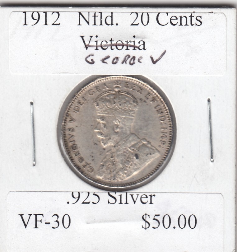 1912 Newfoundland Twenty Cent Silver Coin