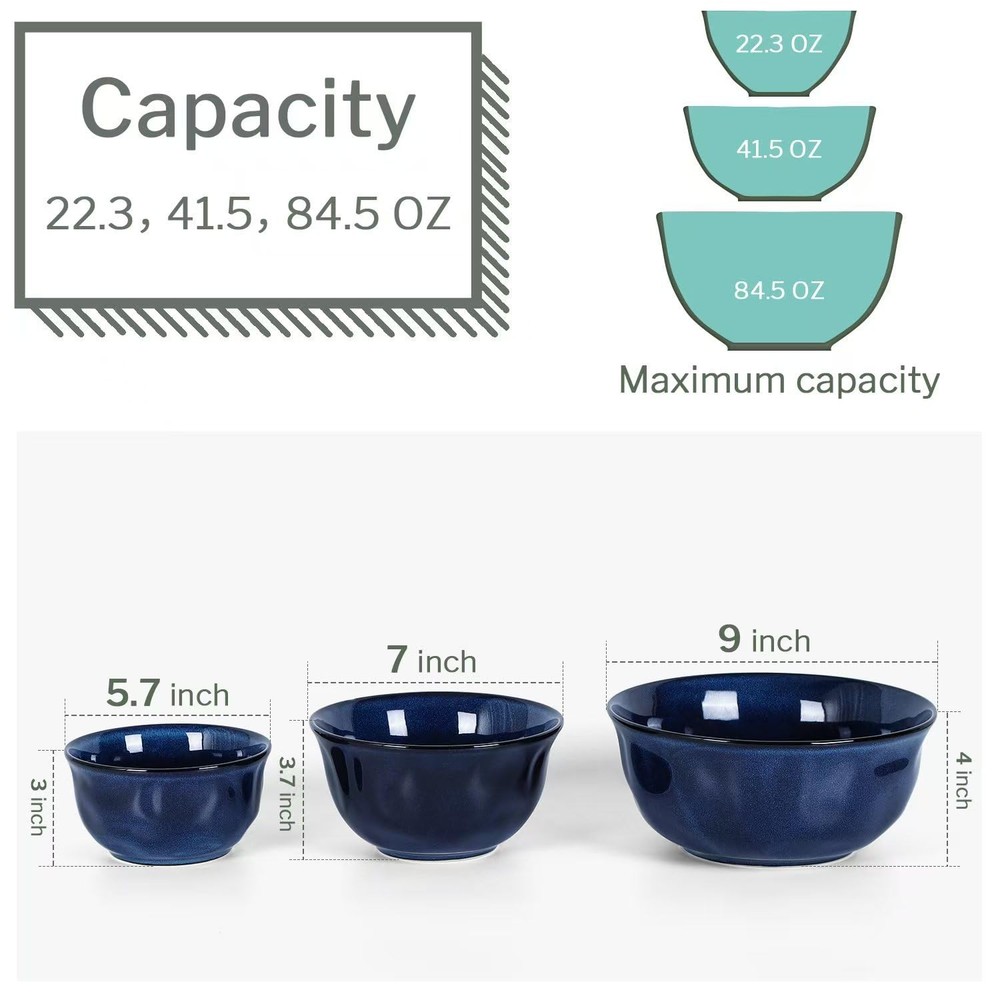vicrays Ceramic Mixing Serving Bowl Set: Nesting Stoneware Kitchen Decorative La