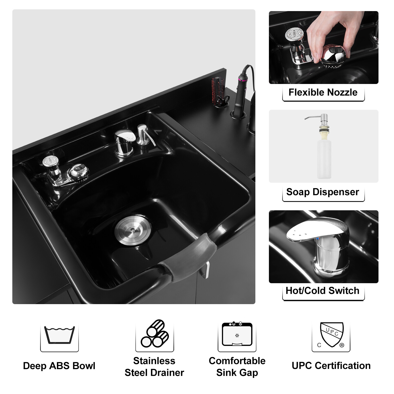 New Backwash Sink Station Shampoo Bowl Beauty Salon Spa Mirror+Drawer+USB+P Trap