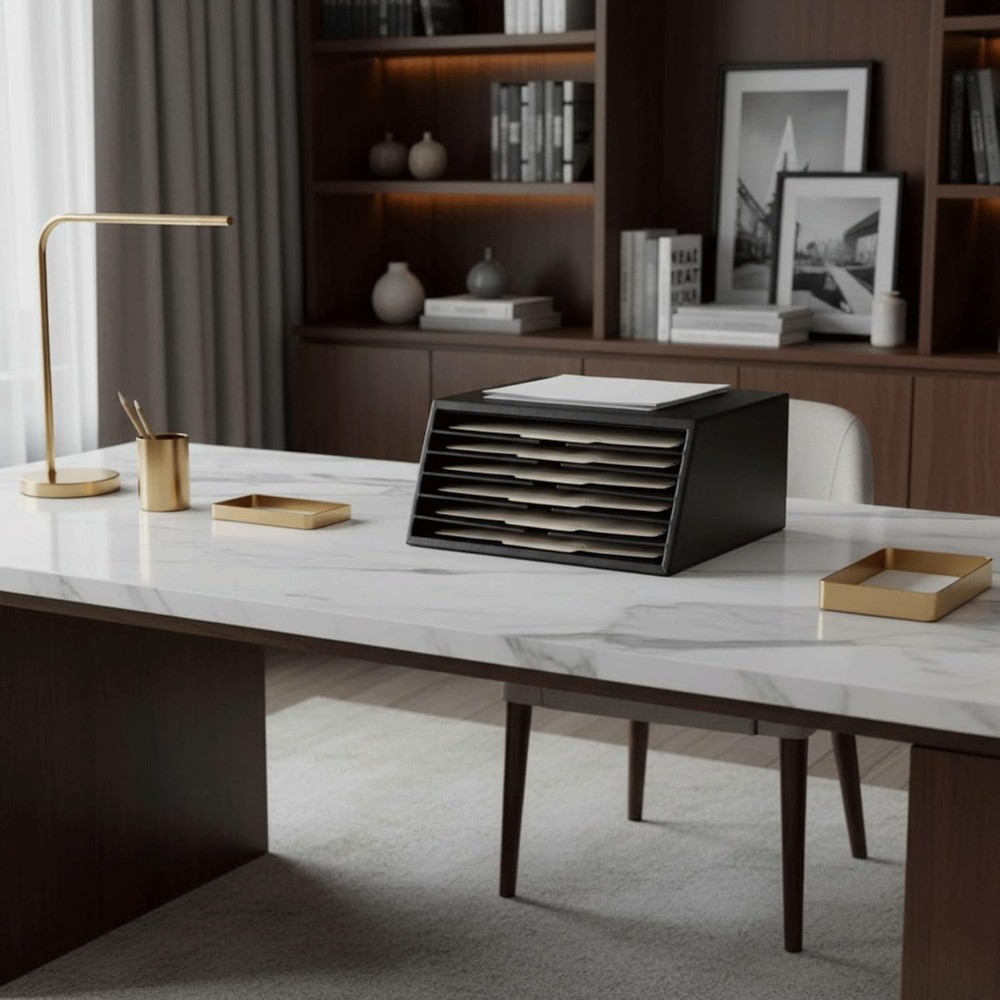 Black Leather 6-Tray File Sorter