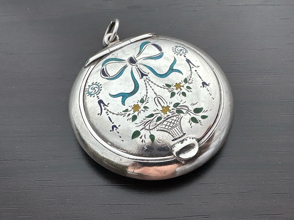Antique Solid Silver Enamel Rouge Box Pendant c.1920