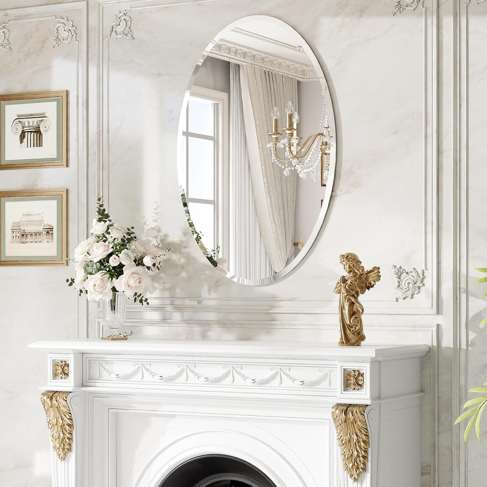 20"X28" Frameless Oval Bathroom Mirror, Beveled Vanity Mirror with Solid Backing