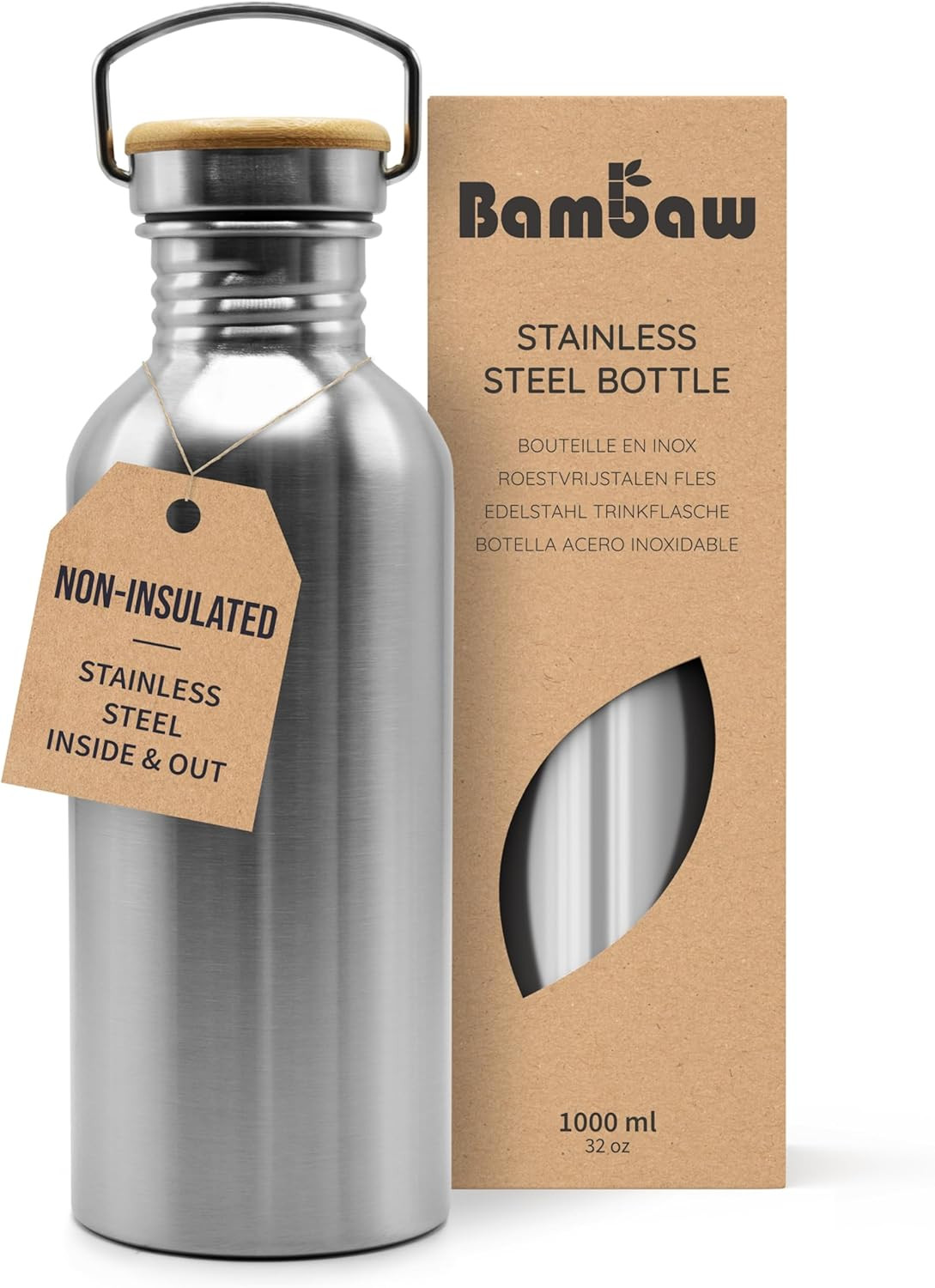 Stainless Steel Water Bottles 32 oz, Non-insulated Single Wall Metal Water Bot