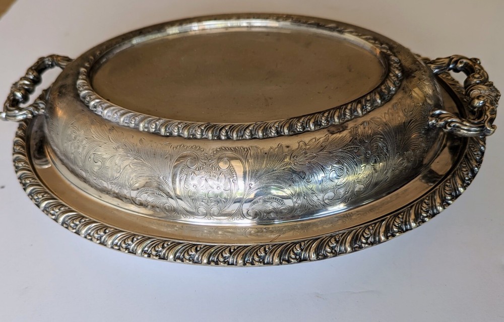 Barker Ellis England Antique Silverplate Lidded Dish Engraved Flowers Rococo