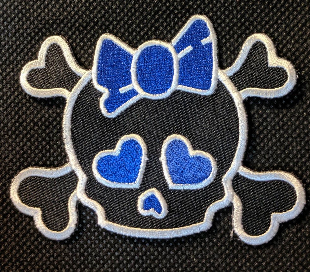 Children's Skull with Bow Blue Embroidered Patch
