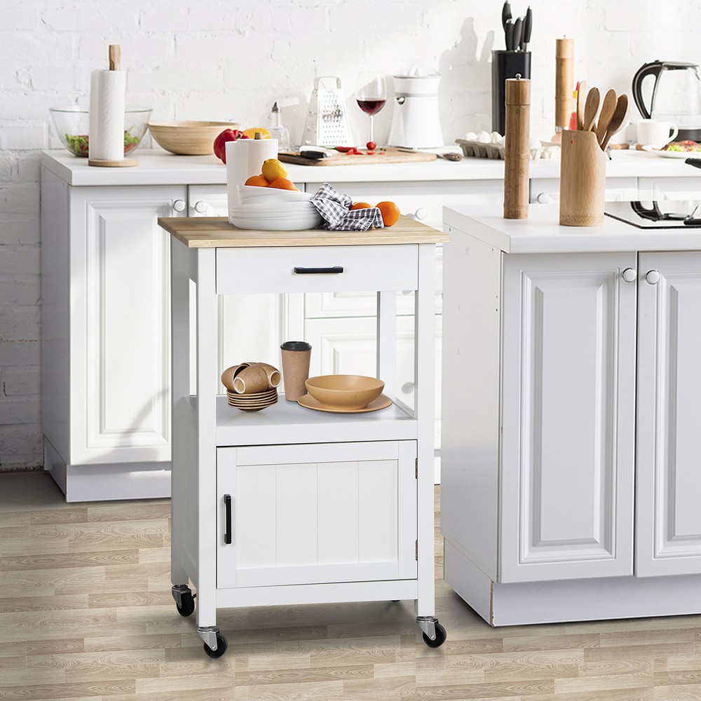 Rolling Kitchen Cart with 3 Hooks MDF Frame Microwave Stand Island, White