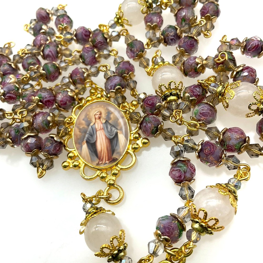 Rosary Immaculate Mary Lampwork Beads Gold Tone with Pink Quartz