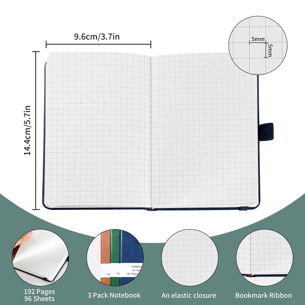 Small Notebook, Pocket Notebook, 3 Pack, Notebook A6, Squared,3.7" x Graph