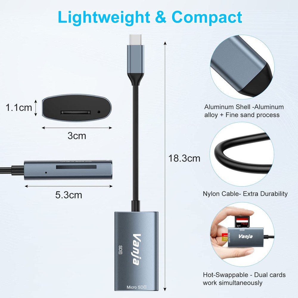 Vanja SD Card Reader USB C, High-Speed 3.0 C/USB Cable, Blue-Gray