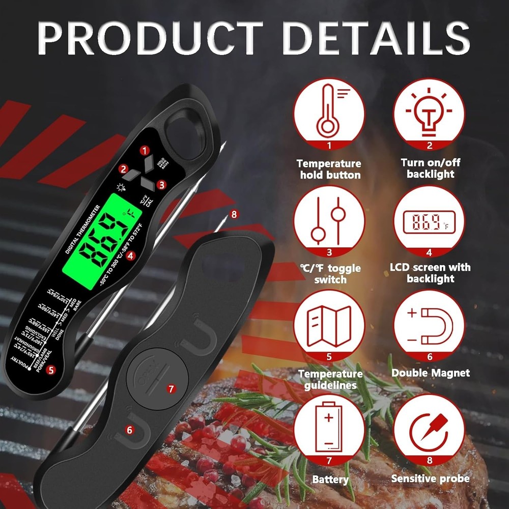 Instant Read Cooking Thermometer - Waterproof, Backlit, & Calibration Ready