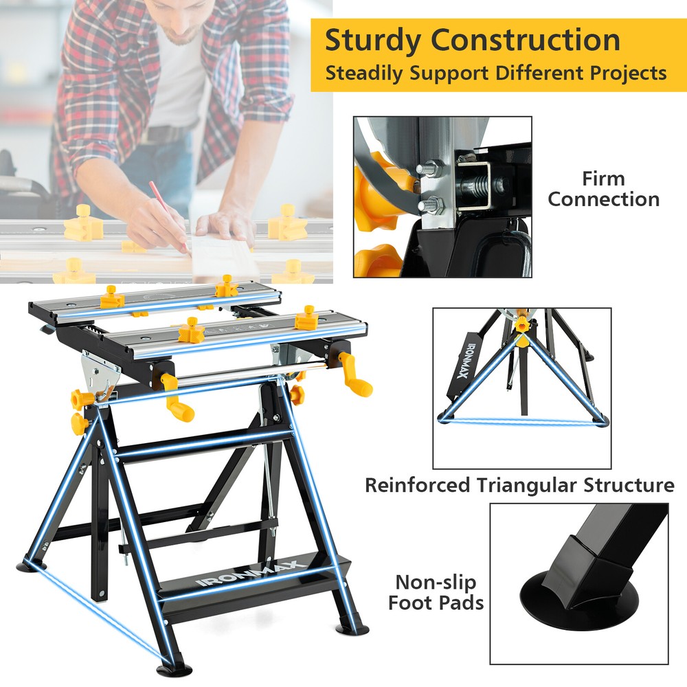Folding Portable Workbench Work Table W/ Adjustable Height & Tiltable Platform