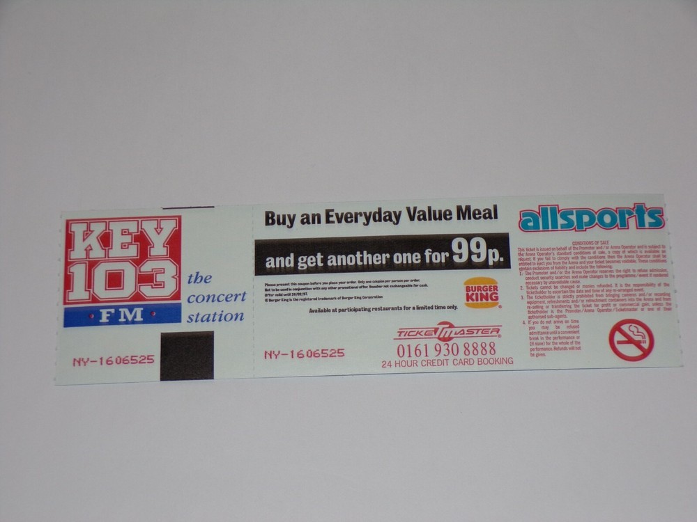 KISS Full Ticket Stub 1996 Alive Reunion Concert Tour UK Manchester Vintage Kiss