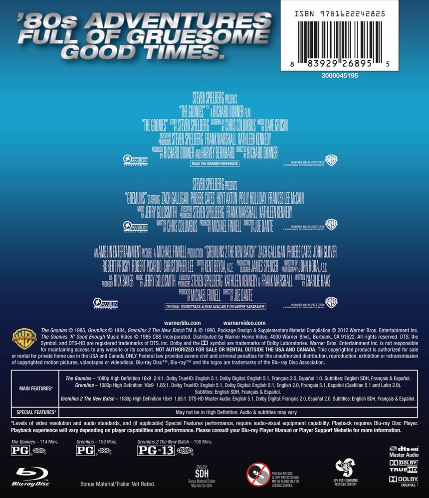 The Goonies / Gremlins / Gremlins 2 The New Batch Blu-ray NEW