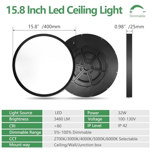 15.8 Inch Dimmable LED Flush Mount Ceiling Light, 32W, 15.8" Dimmable - Black