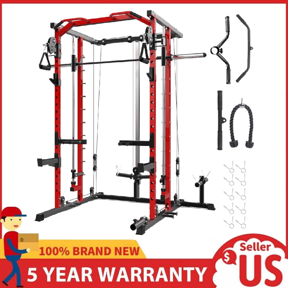 Smith Machine Power Cage Rack with Pulley System Multifunctional Workout Machine