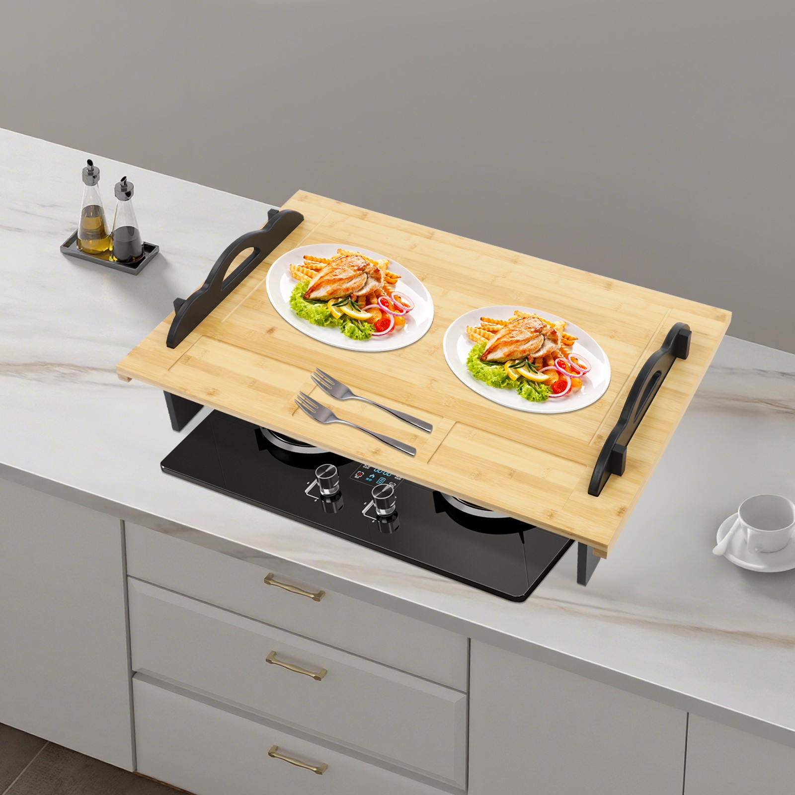 Stove Top Cover Board with Handles for Gas & Electric Stoves Wood Color New