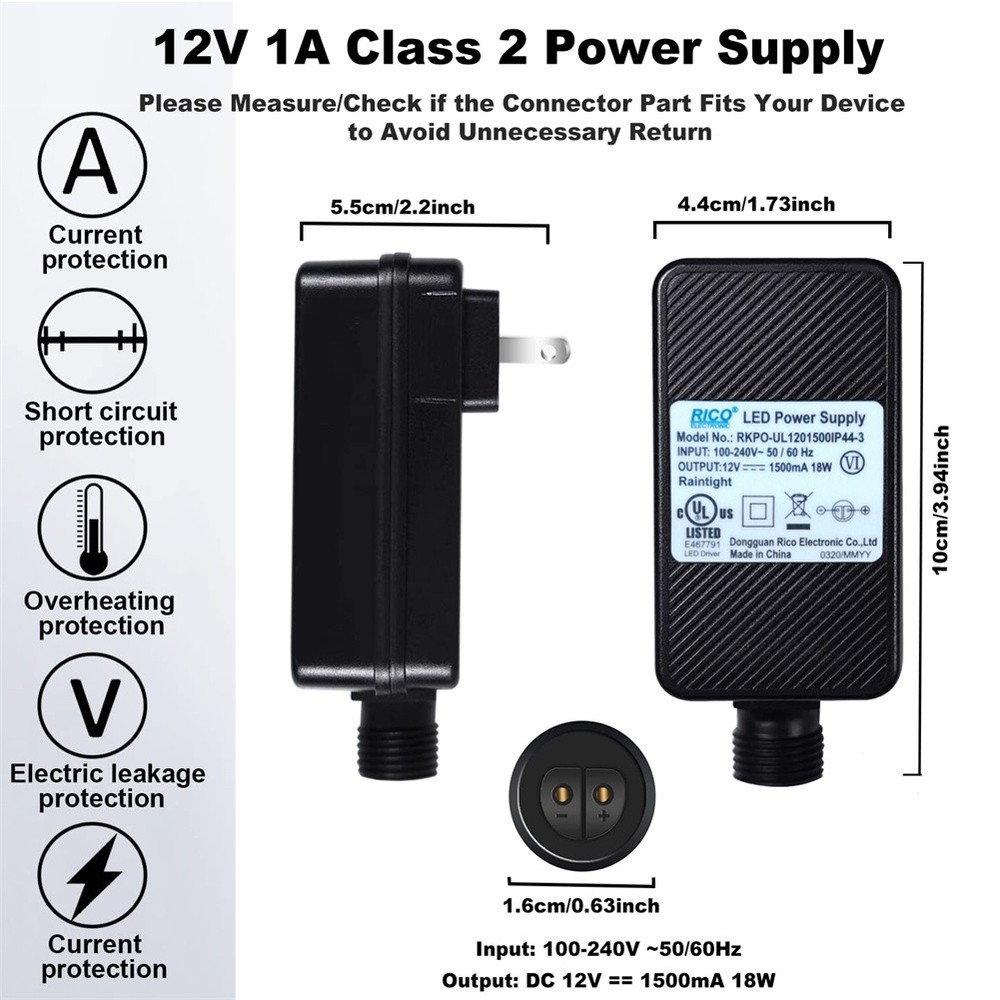 12V 1A Class 2 Power Supply LED Transformer Replacement for String Rope Lights