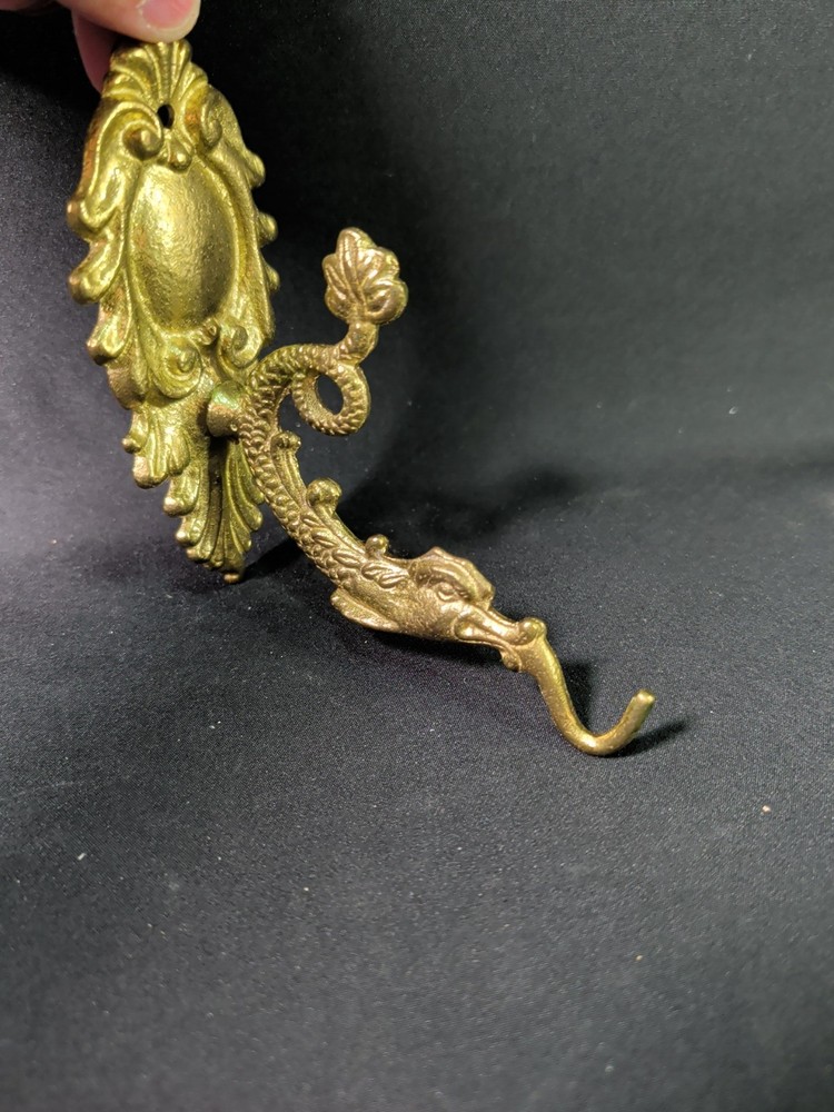 Vintage Ornate Solid Brass Planter Bracket Hook Fish Shaped Detailed Backplate