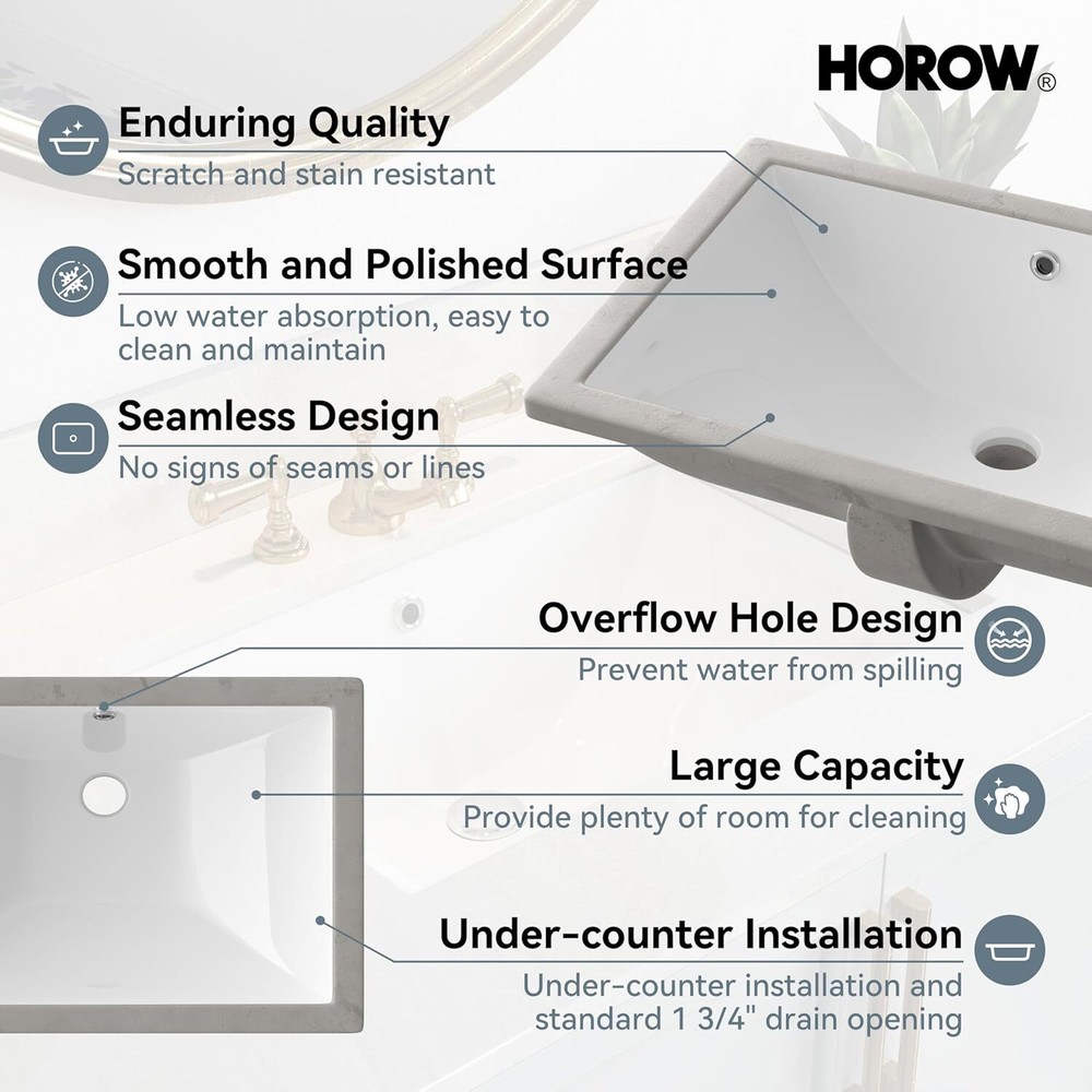 HOROW 24'' Undermount Bathroom Sink Rectangular Glazed Ceramic Lavatory Vanity