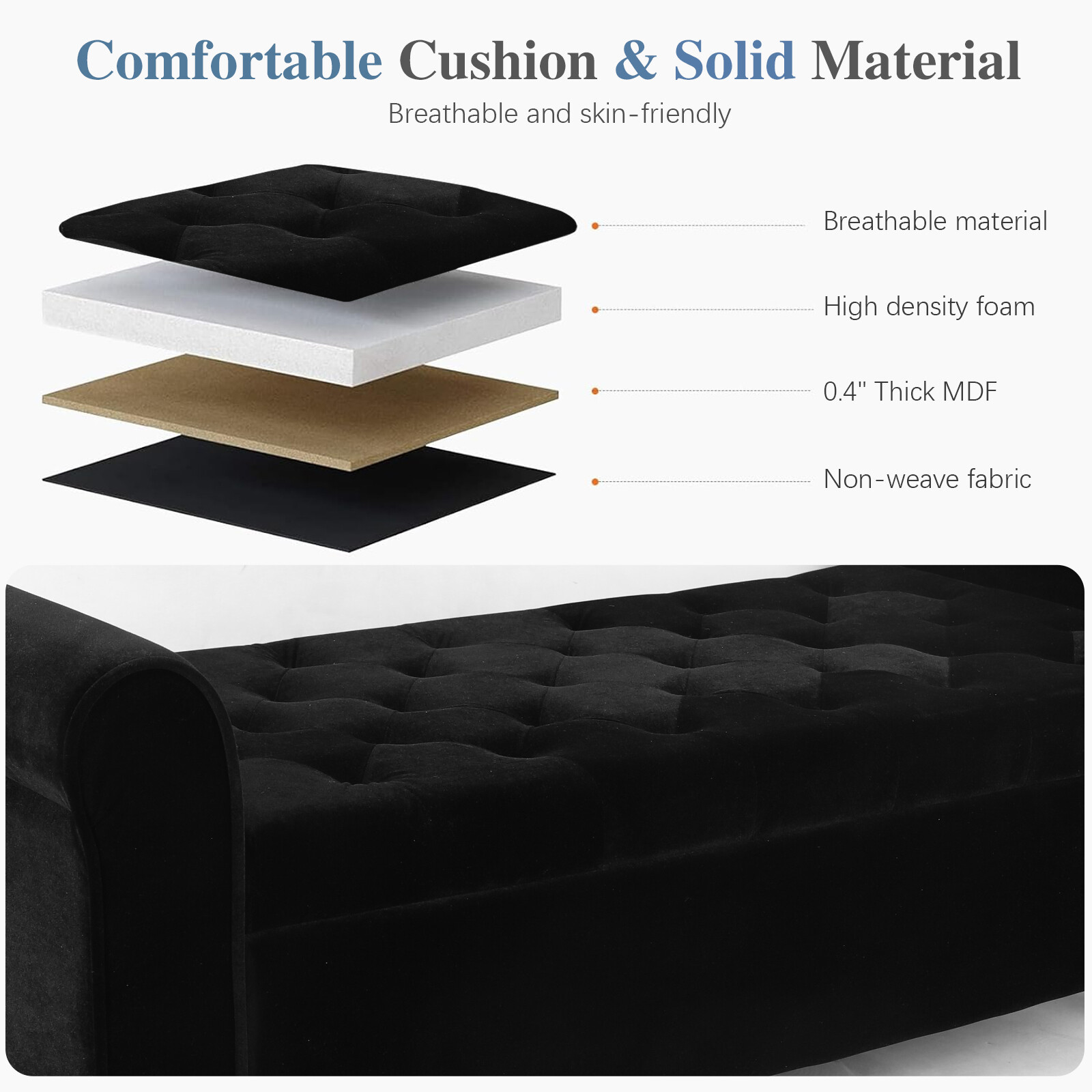 51" Velvet Storage Bench with Ottoman End of Bed Upholstered Couch Black