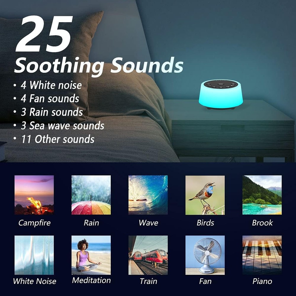 White Noise Machine with Night Light, 25 Sounds, Timer, Memory Function