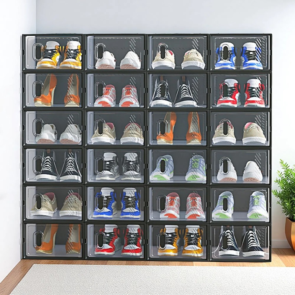 24-Pack Shoe Storage Boxes - Stackable, Door, Plastic Mesh, Black & Small Size