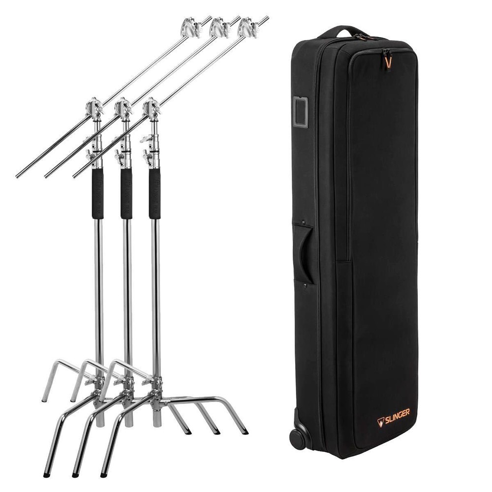 Flashpoint 10' Century Light Stand on Turtle Base Kit, Chrome, 3-Pack w/Slinger