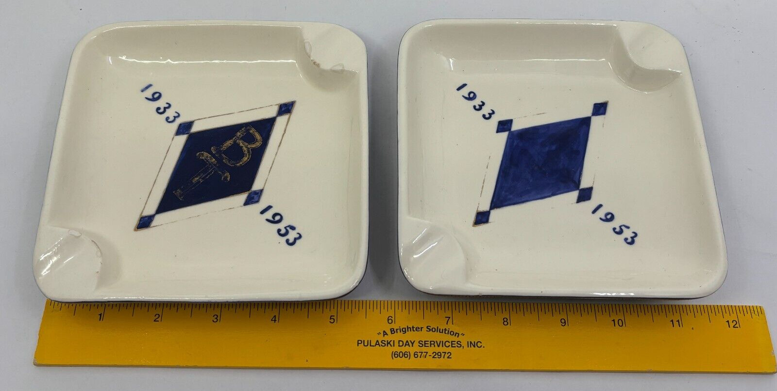 Set of 2 Handmade Ceramic Ash Trays Squares with Initials BT and Dates 1933 1953