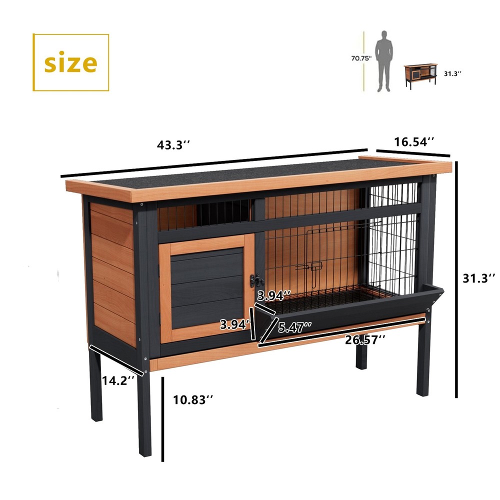 Raised Rabbit Hutch Elevated Bunny Cage with Removable Tray & Openable Roof -