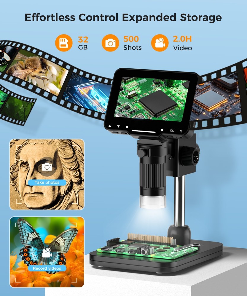 10MP LCD Digital Microscope 4.3" HD Screen, 1-1000X Zoom, Wireless USB Camera