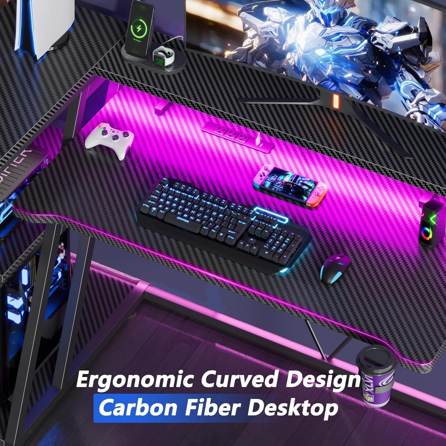 40 Inch Gaming Desk with Power Outlet & LED Lights, L Shaped Computer Gaming