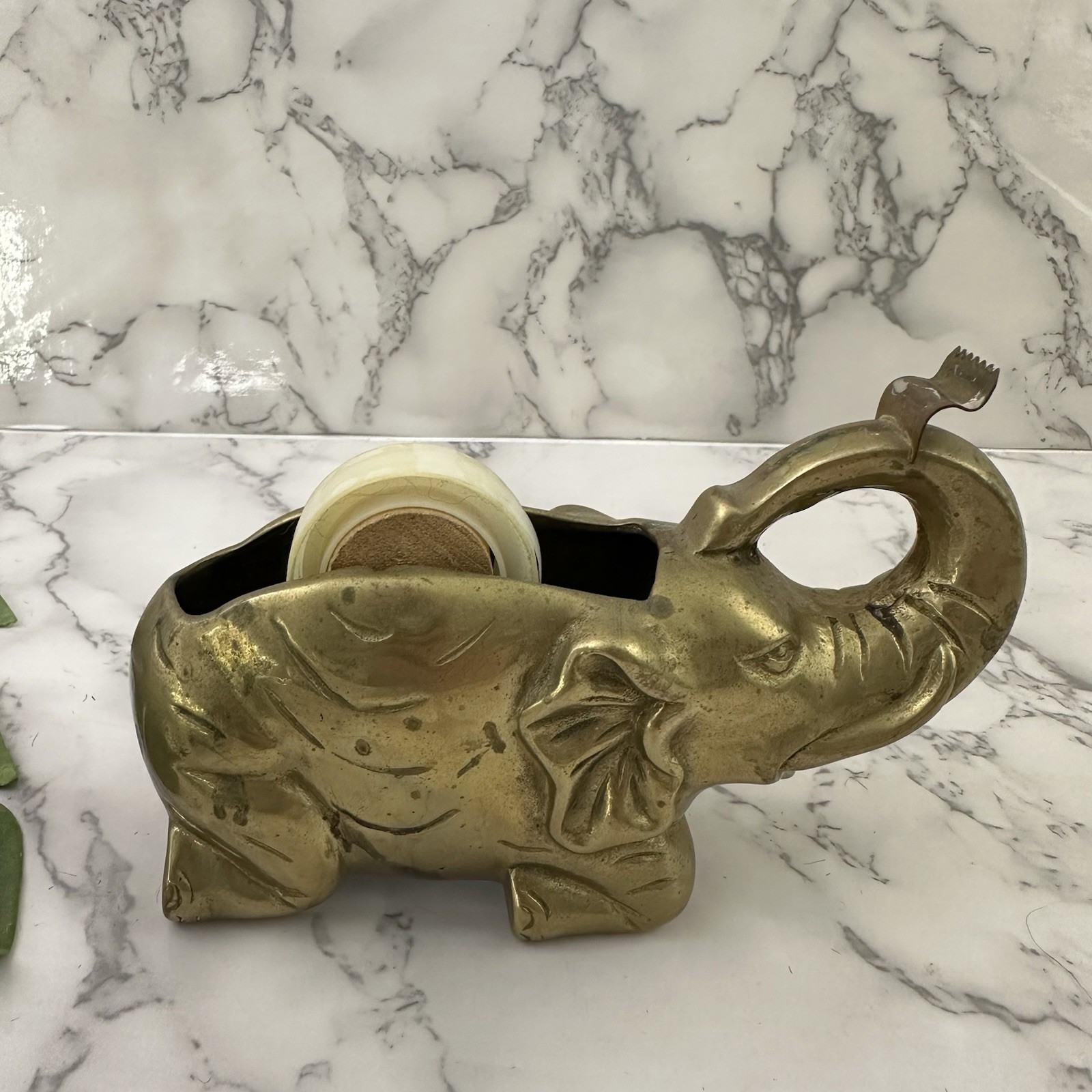 Vintage 80s Brass Elephant Stapler Tape Dispenser Set Desk Decor Metal Novelty