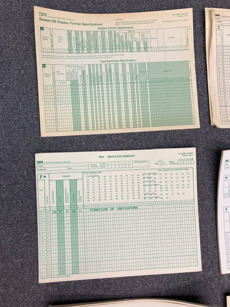 20 IBM S/36 AS/400 RPG OTHER Specifications Sheets Paper Pads Cards Coding Forms