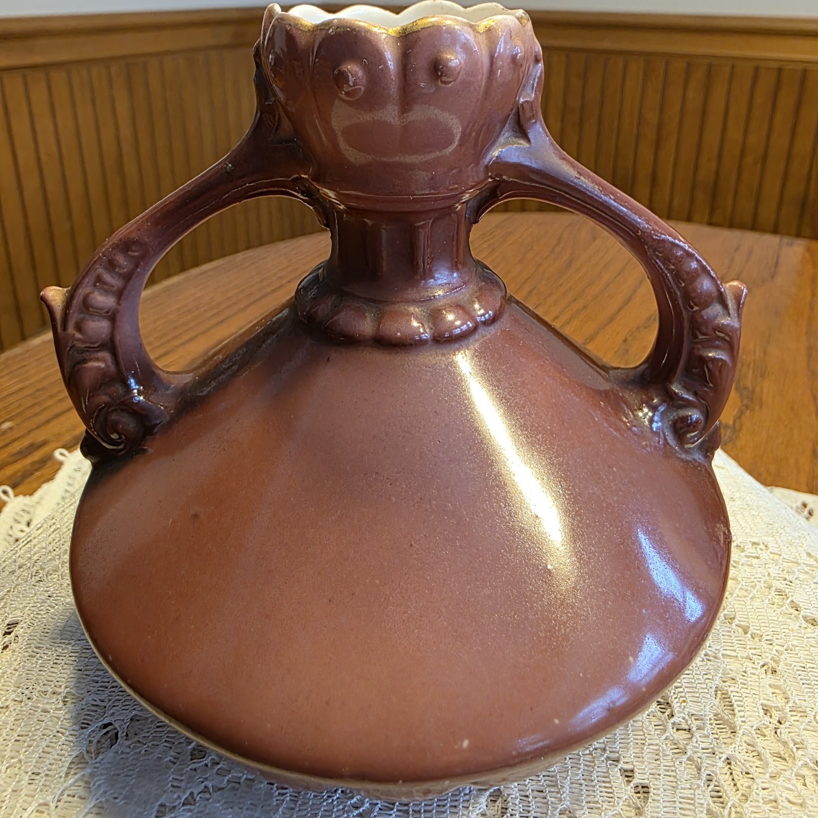 Antique Victorian Porcelain Squat Bud Vase 2 Handled Austria Portrait Vintage