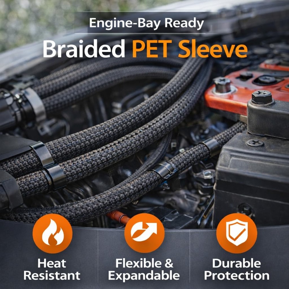 25ft Expandable Non-Split PET Braided Cable Sleeve, High-Temperature Black Lo...