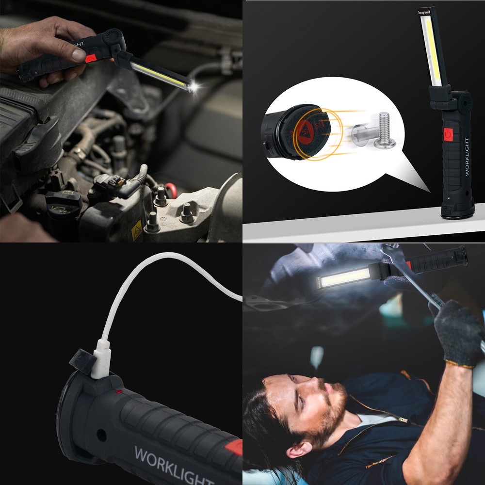 2 Pack Magnetic Base LED COB Work Light Rechargeable Mechanic Torch Flashlight