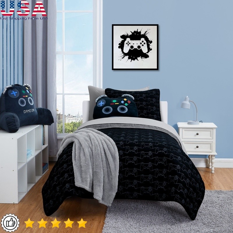 Kid Reversible Quilt Set W/ Sheets Game Controller Soft Lightweight Bedding Set