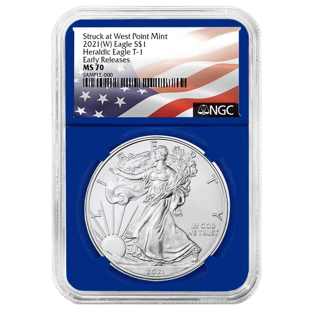 2021 (W) $1 Type 1 American Silver Eagle NGC MS70 ER Flag Label Blue Core