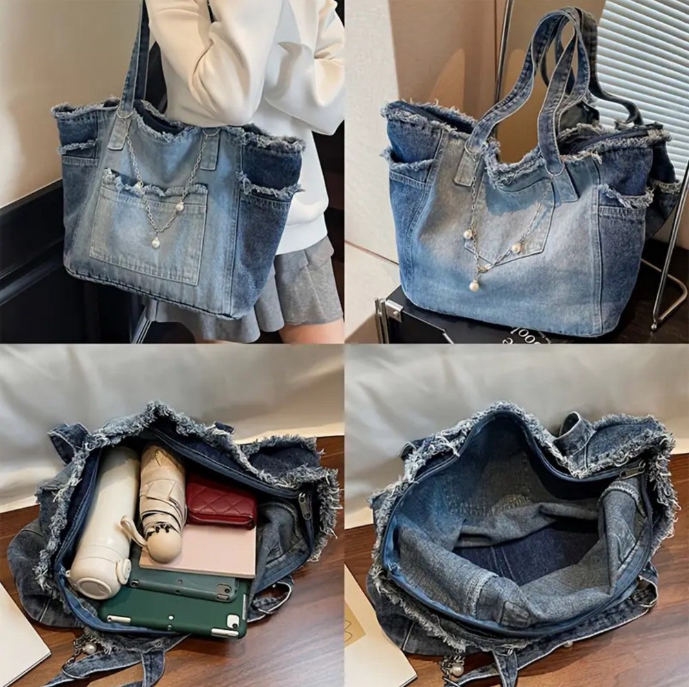 Blue Denim Large Shoulder Bag