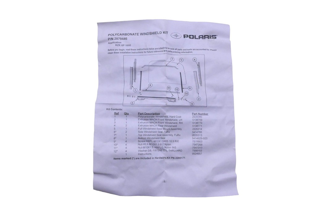 New OEM Polaris 2879446 Polycarbonate Windshield Kit NOS