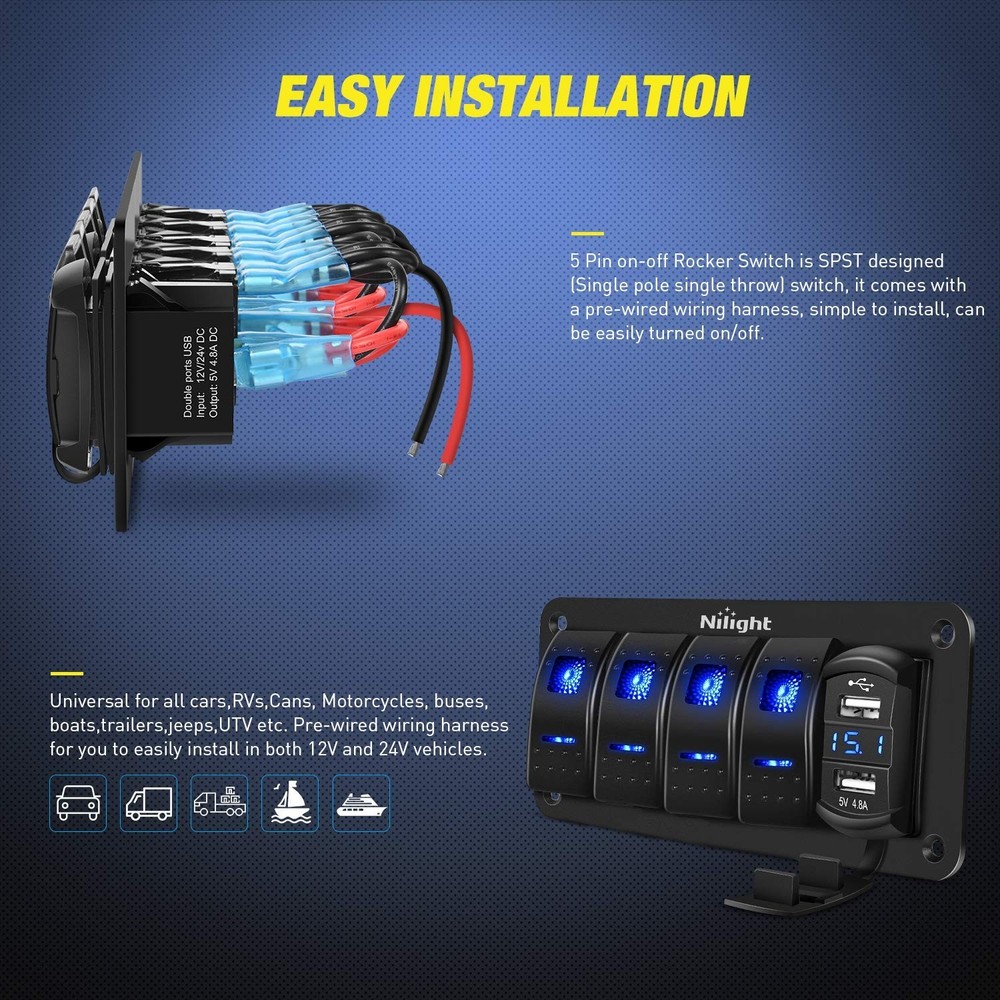 4 Gang Rocker Switch Panel with 4.8A USB Charger & Voltmeter, Waterproof