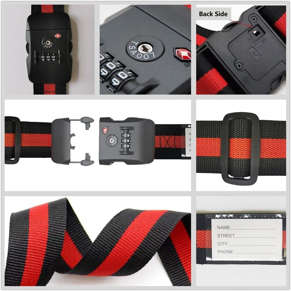Travel Luggage Strap Adjustable Suitcase Packing One_Size, Red&Blk 2 Pack