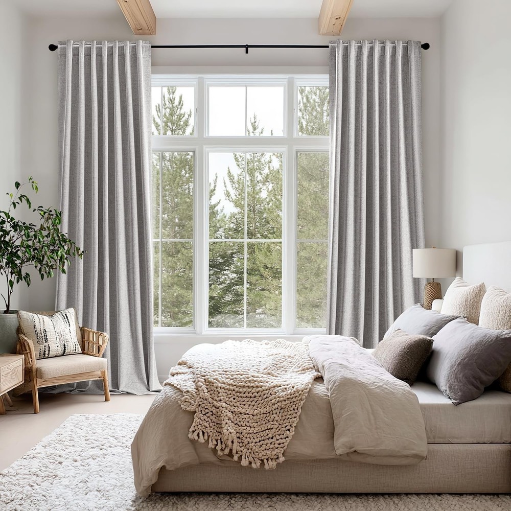100% Blackout Linen Curtains Greyish White Solid Decor Thermal Insulation