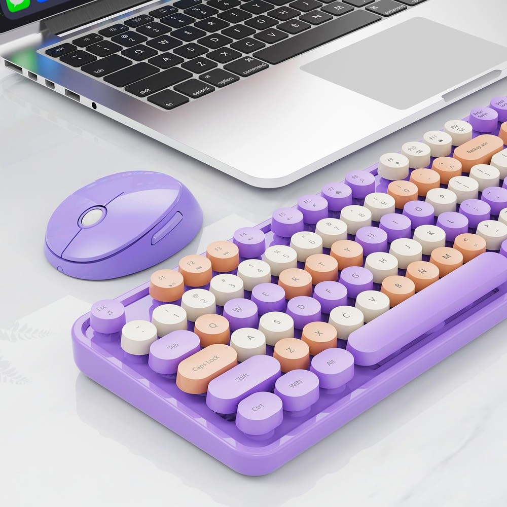 Wireless Keyboard and Mouse Combo, Retro Typewriter Keyboard with Round Keyca...
