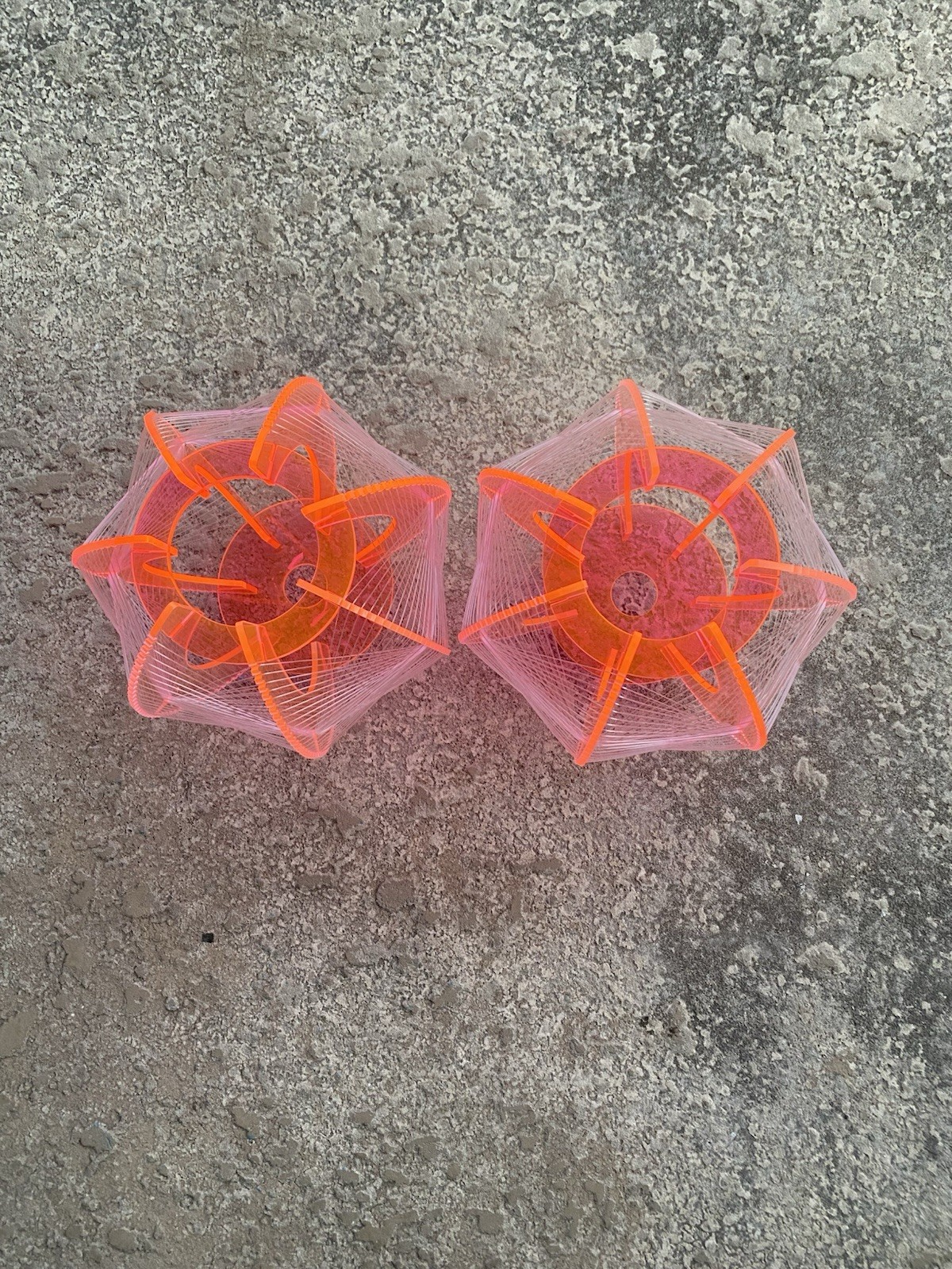 2 x Paul Secon Lucite Perspex & Nylon Thread String Ceiling Lampshade Ball Form