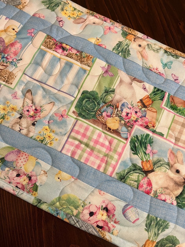 Handcrafted-Quilted Table Runner Happy Easter -Easter Eggs, Bunnies-Gardens 2026