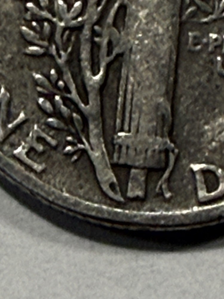 1945 Mercury 90% Silver Dime-Errors: No Mint Mark, GOD & Rollover Marks-Back