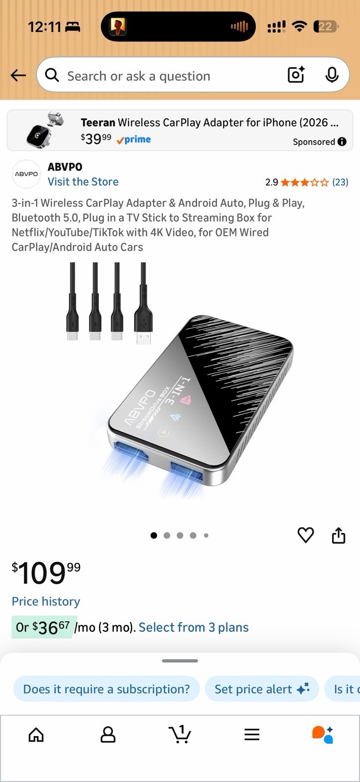 3-in-1 Wireless CarPlay Adapter & Android Auto, Plug & Play, Bluetooth 5.0 ABVPO