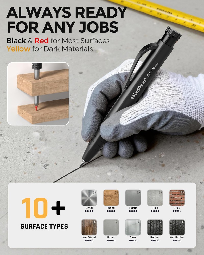 Nicpro 2 Pack Carpenter Pencil Set with Sharpener & Finger 2 PACK, Black, Red