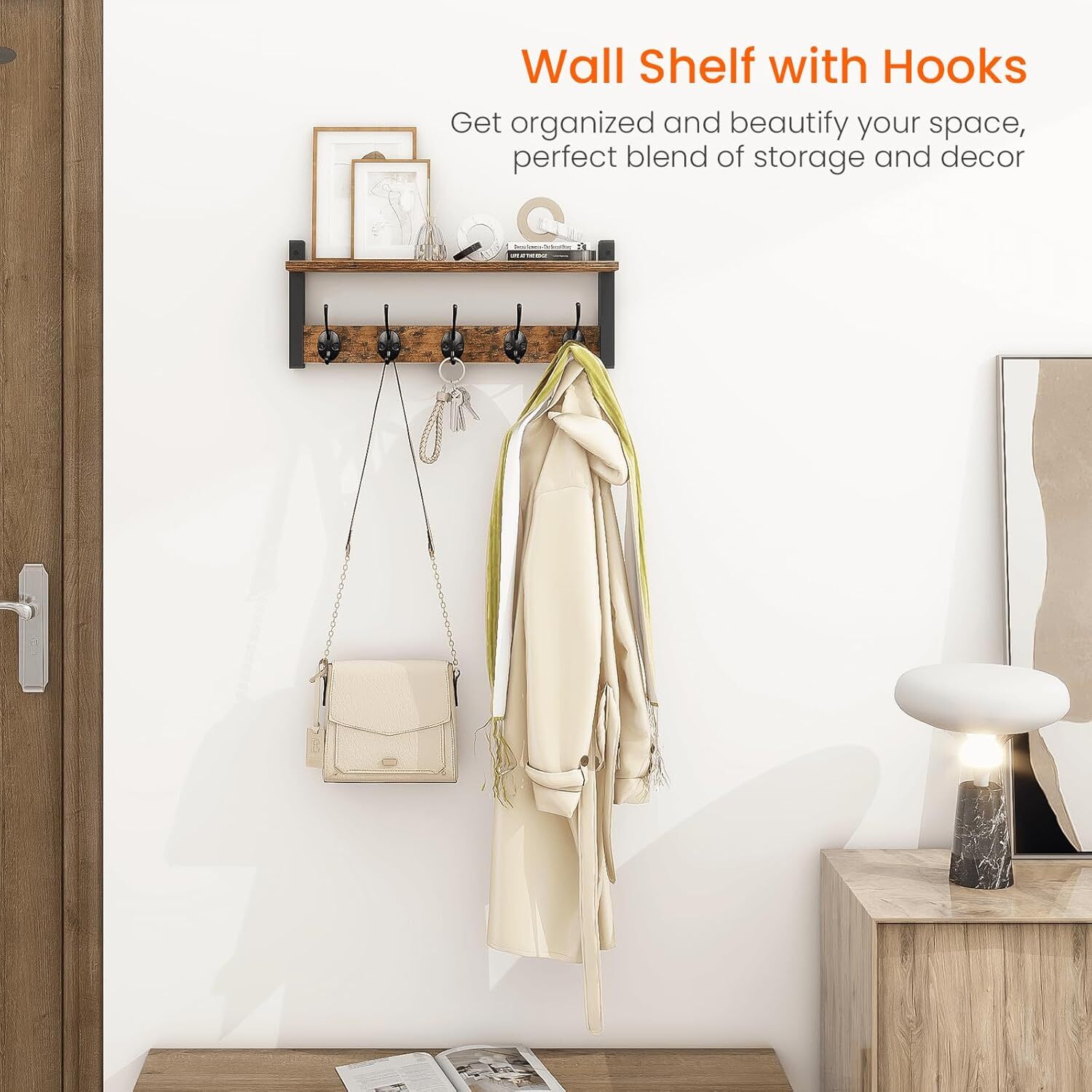 Wooden Wall-Mounted Coat Hanging Rack with Shelf and Hooks, Rustic - Brown Black